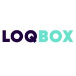 LOQBOX logo, purple and green text on white background