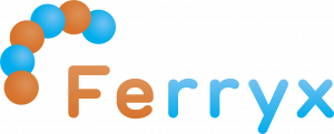 Ferryx logo, blue and oragne text with circles