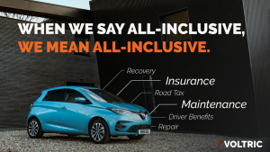 Voltric electric vehicle promo with blue car and text: 'When we say all-inclusive, we mean all-inclusive"