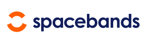 spacebands logo, dark blue text with orange circular icon