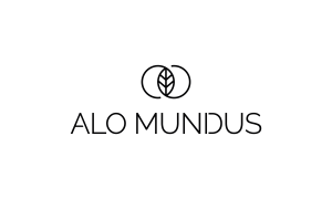 Alo Mundus logo - black text on white background with leaf and circles graphic