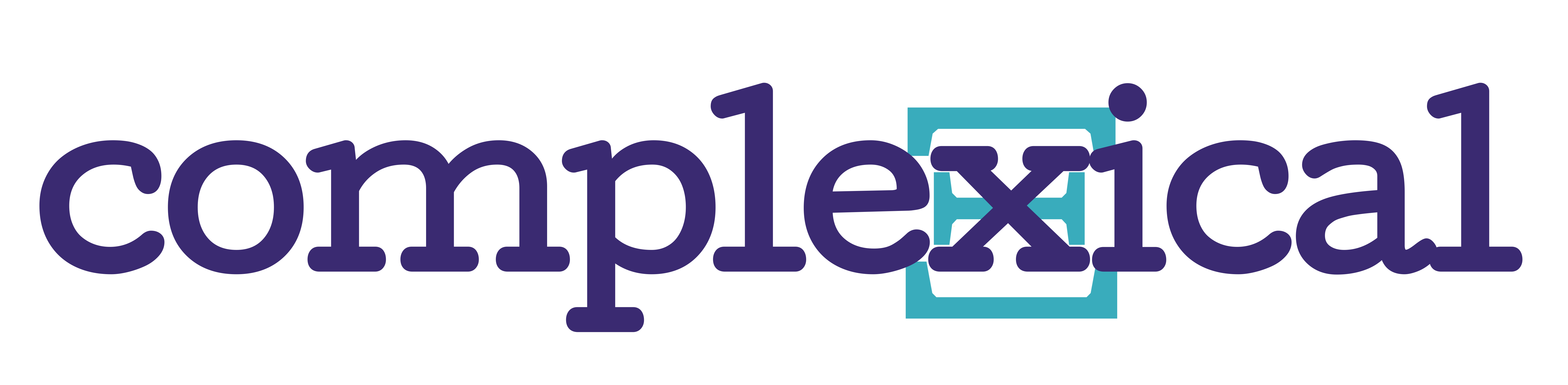 Complexical logo, purple font with blue square