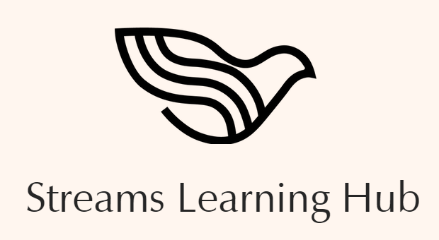 Streams Learning Hub logo - black on cream font with bird icon
