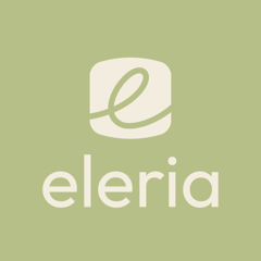 Eleria logo - green font on green square with e graphic