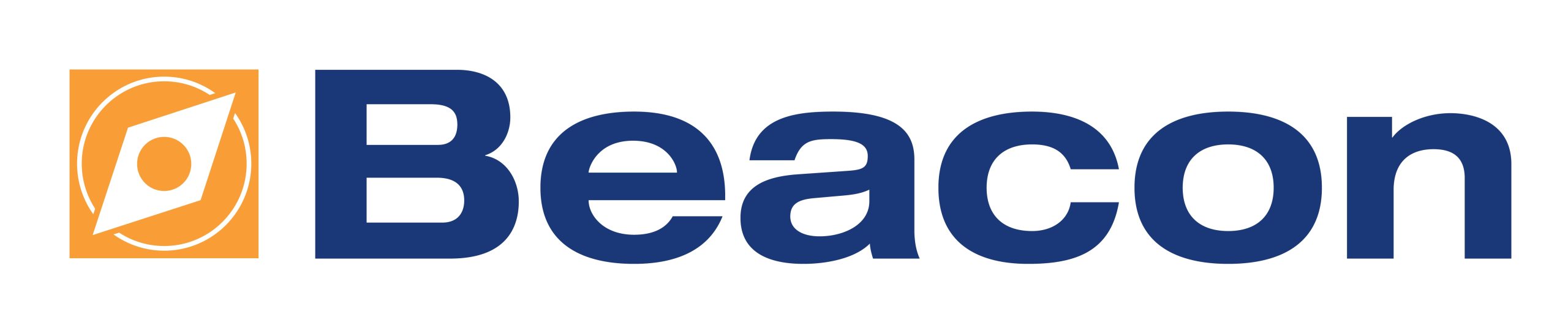 Beacon logo - blue text with orange compass graphic