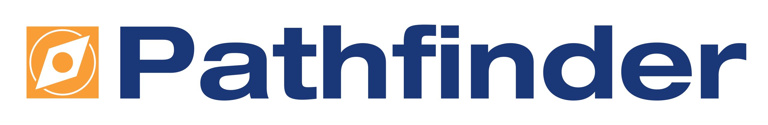 Pathfinder logo - blue text with orange compass icon