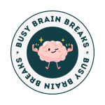 Busy Brain Breaks logo - green text in circle with smiling pink brain illustration