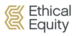 Ethical Equity logo, black text with brown geometric graphic
