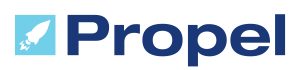 Propel logo - blue font with white rocket logo on blue square