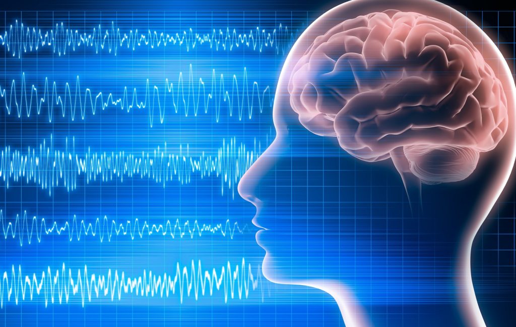 Neuronostics brain EEG graphic showing blue brain waves and human head with brain