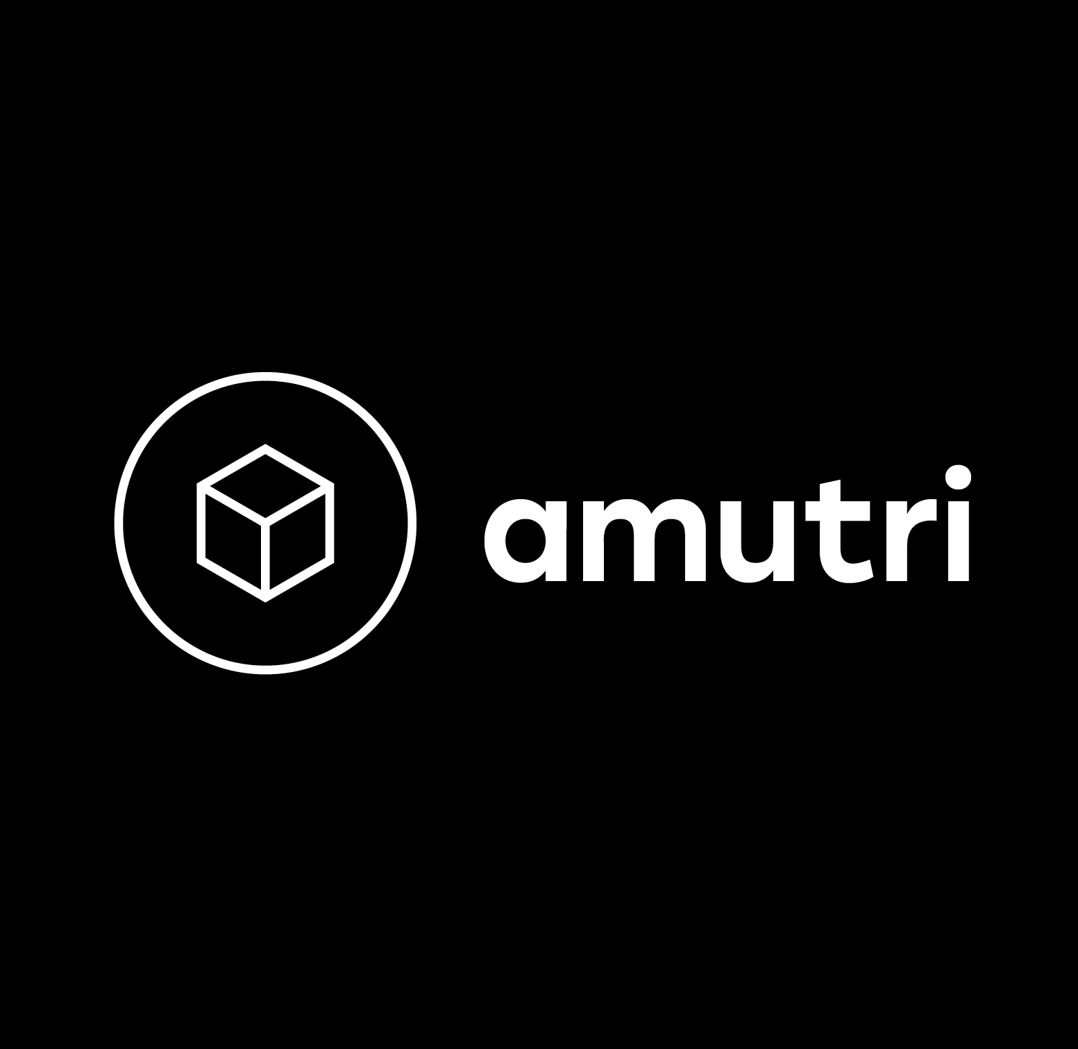 Amutri logo, white font on black with cube in a circle icon