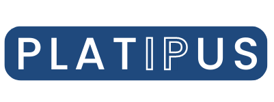 Platipus logo, white font on blue background