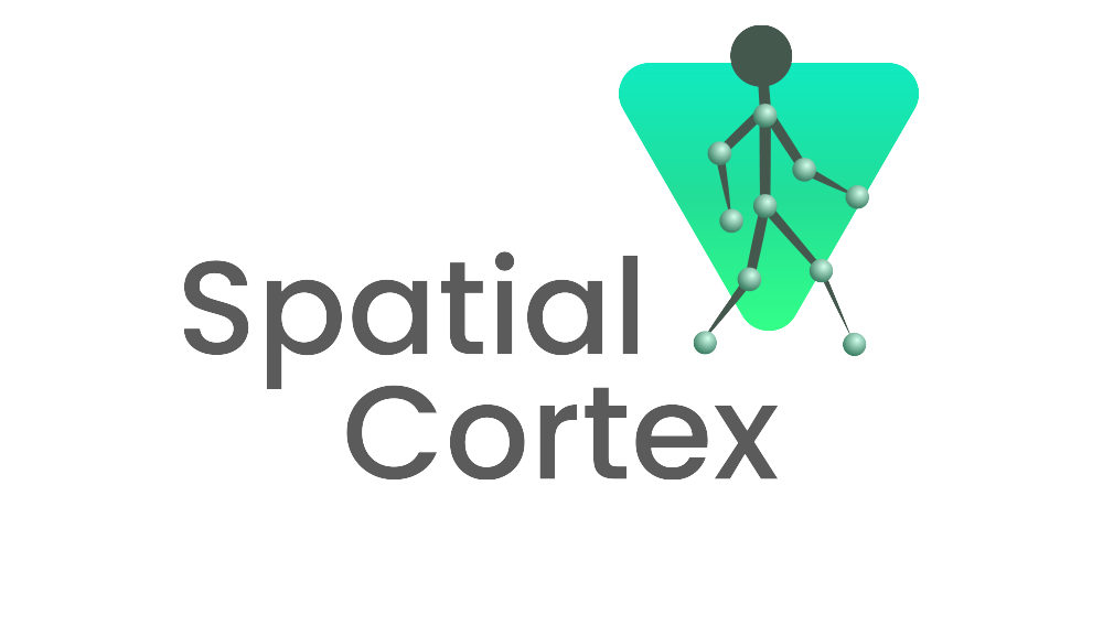 Spatial Cortex logo with grey font, green triange and person icon