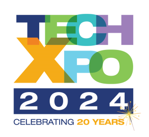 Tech-Xpo 2024 - colourful logo with sparkler and strapline: Celebrating 20 years