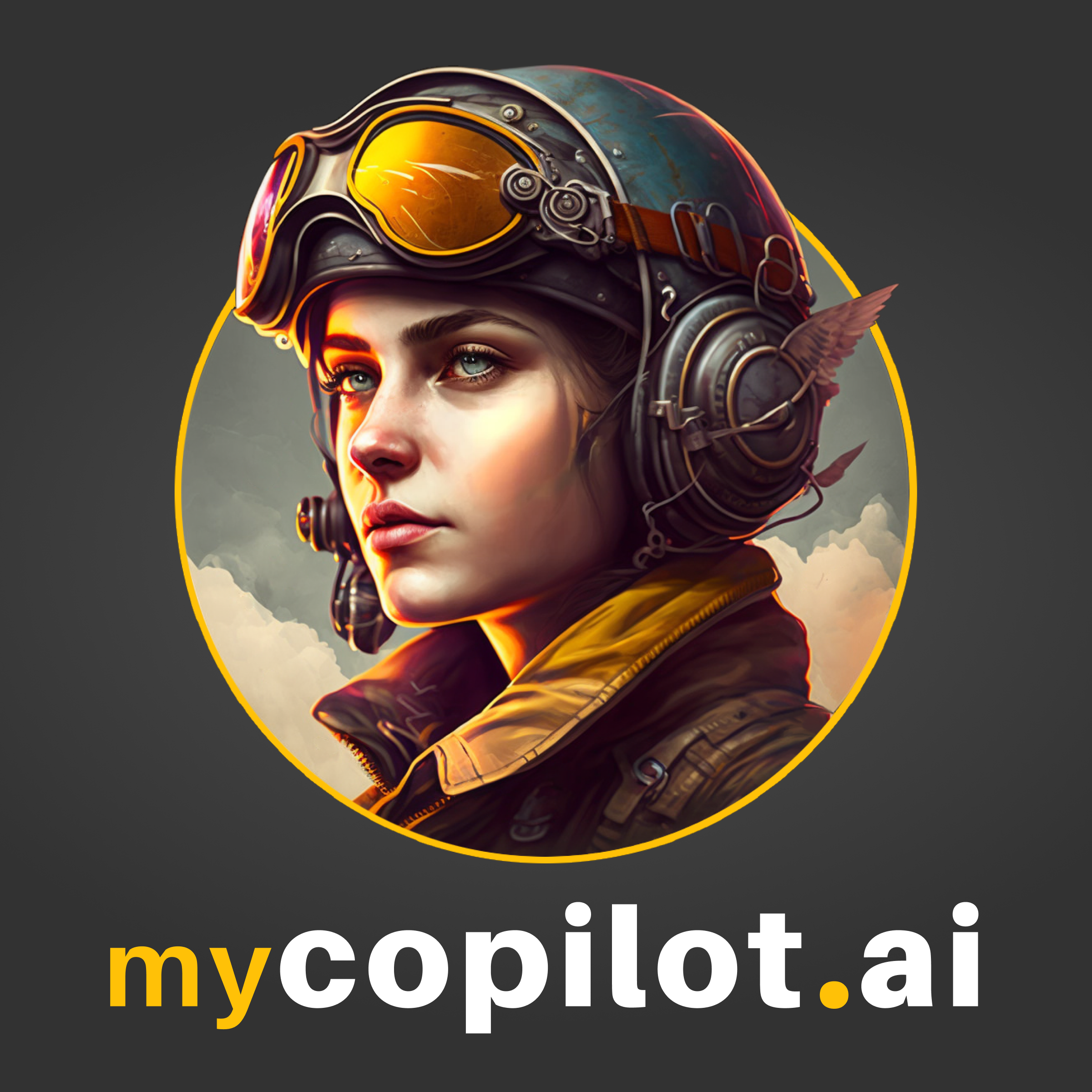 myCopilot.ai logo, white and yellow font with illustration of a pilot with goggles