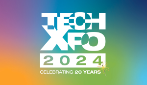 Tech-Xpo 2024 logo on rainbow background with strapline: Celebrating 20 Years