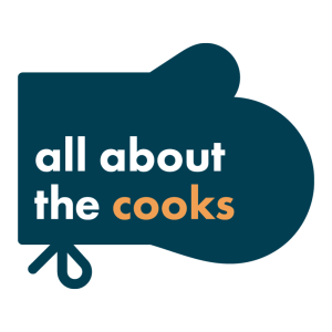 All about the Cooks logo, white and orange text on blue oven glove icon