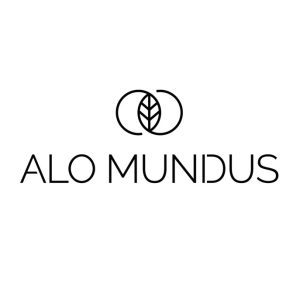 Alo Mundus logo, black on white with leaf graphic