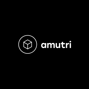 Amutri logo - white text on black with cube in circle graphic