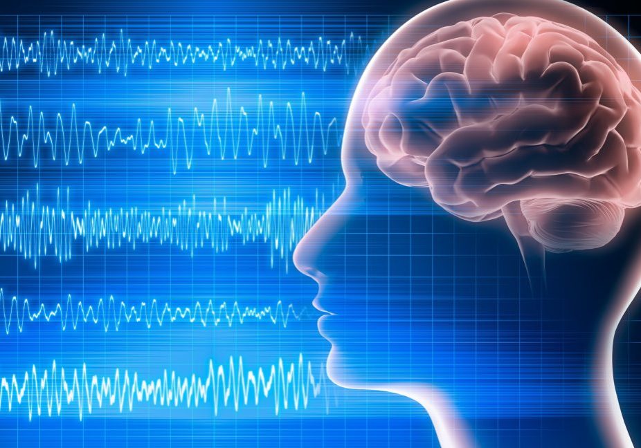 Neuronostics brain EEG graphic showing blue brain waves and human head with brain