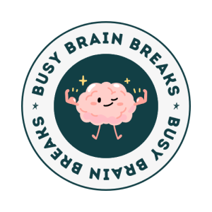 Busy Brain Breaks logo - green text in circle with smiling pink brain illustration