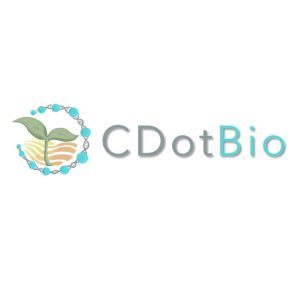 CDotBio logo - grey and blue font with small plant inside circular logo with