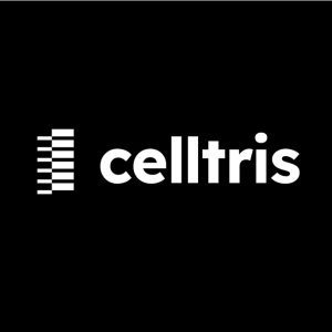 Celltris white logo on black background with white lines graphic