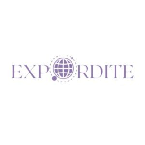 Expordite logo, purple font with globe icon