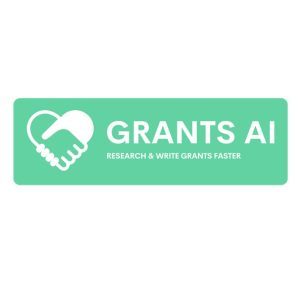 Grants AI logo - white text on green background with strapline: research and write grants faster