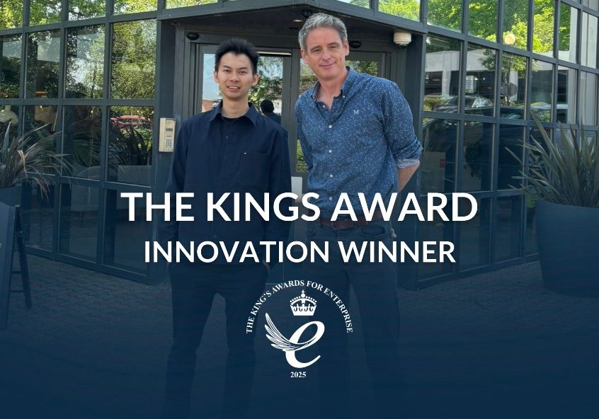 Kings Award Innovation winner Inductosense founders with text: The King's Award Innovation Winner
