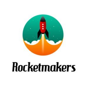 Rocketmakers logo with red, green and orange rocket icon