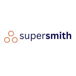 Supersmith logo, blue tect with 3 orange circles