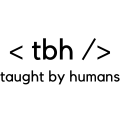 Taught by Humans logo, black text with code: < tbh />