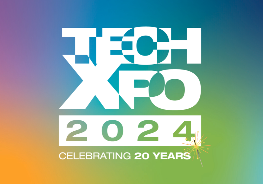 Tech-Xpo 2024 logo on rainbow background with strapline: Celebrating 20 Years