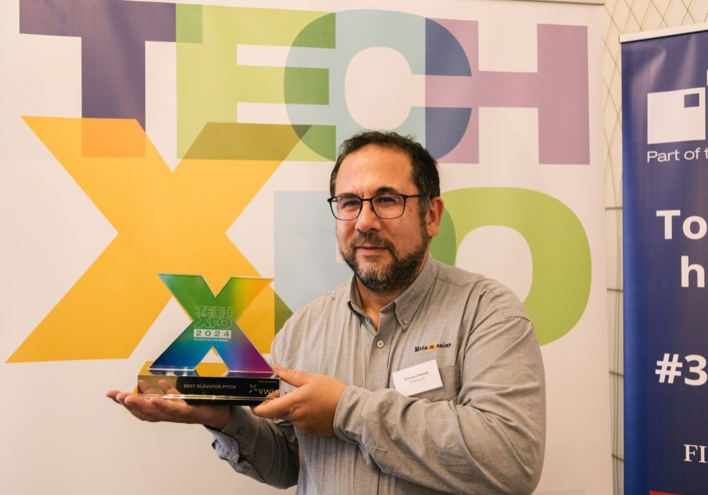 Gianluca, Metasonixx CEO with Best Elevator Pitch award at Tech-Xpo 2024.